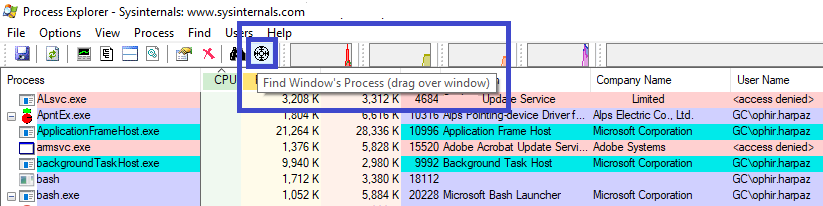 Process Explorer enables to locate a window’s process by hovering over it with a designated cursor